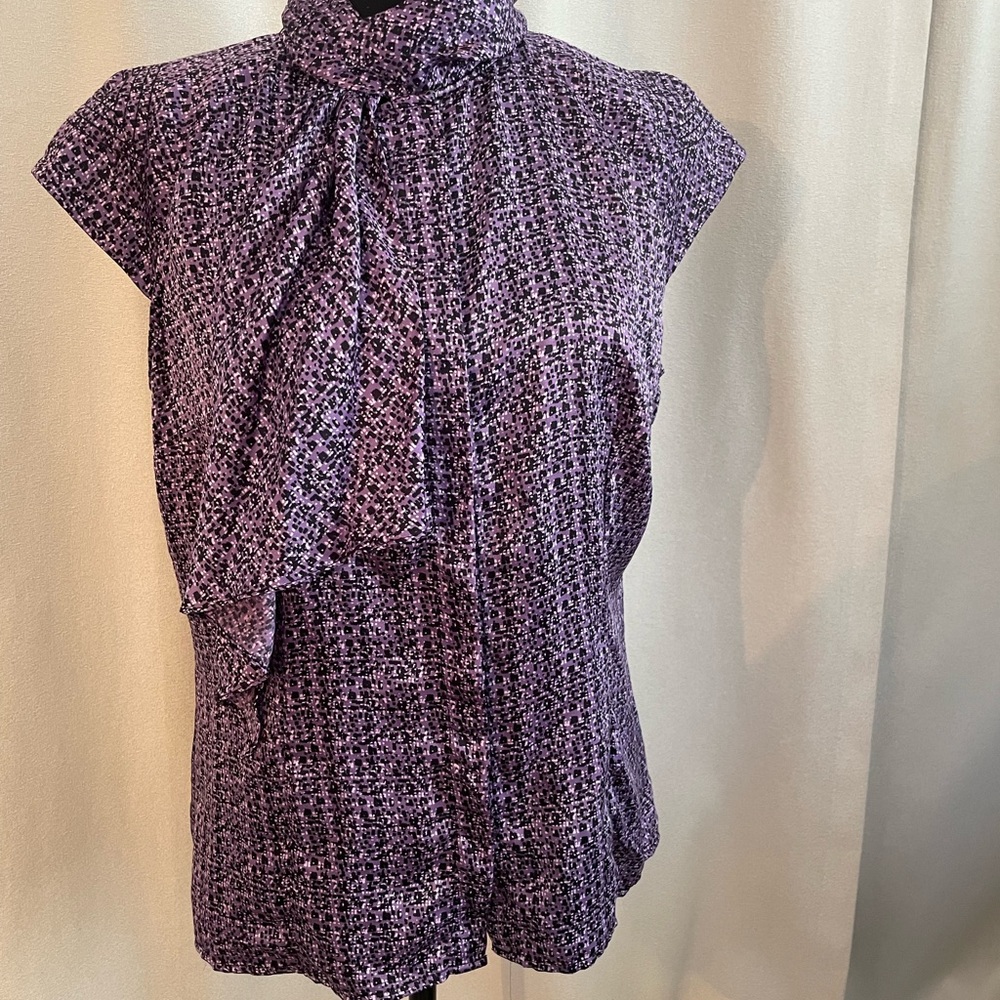 Lavender & Black Cap Sleeves Blouse with Tie in front